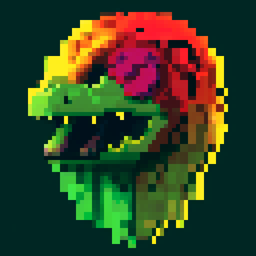 key-shaped pixel art T-rex head, vibrant green and sharp-edged, with glowing yellow eyes, fierce expression, and detailed scales