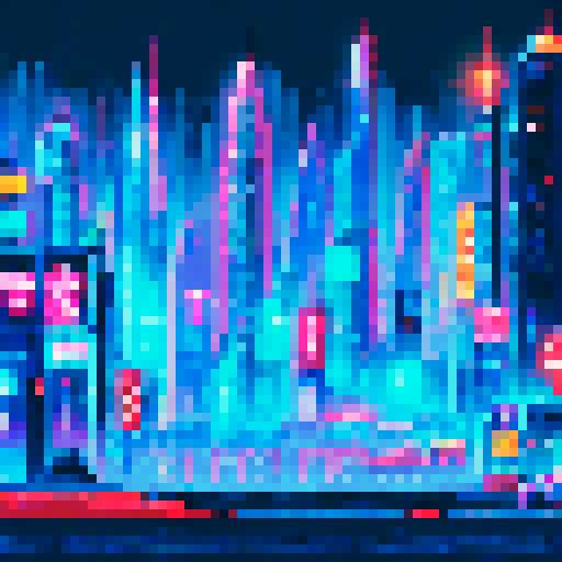 Neon-lit, bustling cyberpunk bar, with retro-futuristic cityscape as a background, showcasing vibrant pixel art characters and sRGB color palette