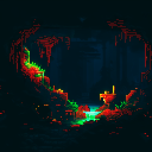 A dark cavern scene with dark stone Stalagmites and Stalactites, glowing red eyes peering from the darkness in the background, and golden treasure and loot scattered across the floor shining