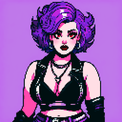 Plus size curvy, cute, busty greaser goth girl, with purple hair, black eyeshadow, red lipstick. Large breasts, wearing bikini and studded collar. Posing for sexy photo.  whole head portrait, avatar photo. vibrant sRGB colors, pixel art, edgy aesthetic