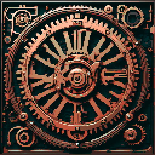 I want a copper gear that looks like it was made by a master clockmaker. It should have strange mechanical details that could interlock with each other. I also want this object usable an asset in a videogame, meaning only one object per image, outlined with a strong black stroke, on a solid-color background.
