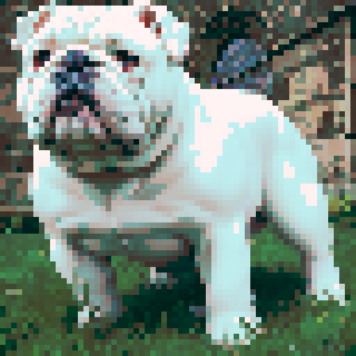 prestigious, all white English bulldog, underdog, overlooked, brave, fierce, determined, tired but relentless, pixel art, sRGB