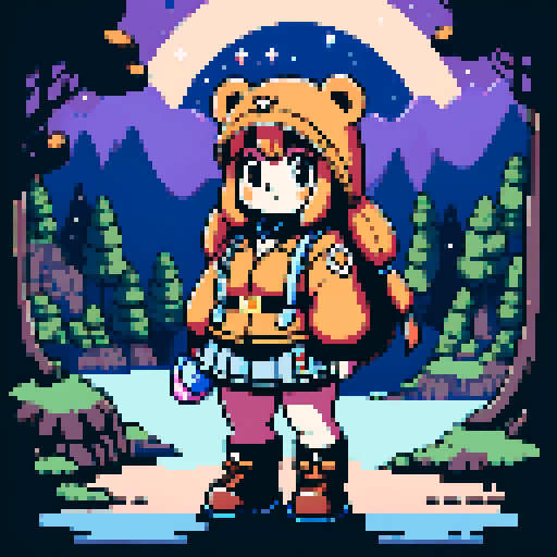 A graphic depiction of a chubby puffy bear in retro 1995 anime style, chibi form, pixel art, half body, ellipse head,with black puppet eyes and brown fur, styled with long twin pigtails. Wearing magical clothes with intricate belts and patches. Background of a wild magic night with a dark waterfall and bright stars. Created Using: classic anime aesthetics, detailed magical garments, enchanting night setting, vivid portrayal, star reflections, dynamic composition, hd quality --ar 2:3 --v 6.0 niji