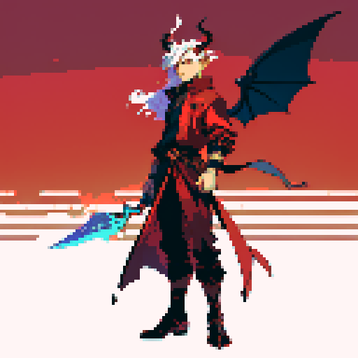full-body image of a male demon, one winged demon, sexy male, horns, sword, epic background, sRGB, pixel art