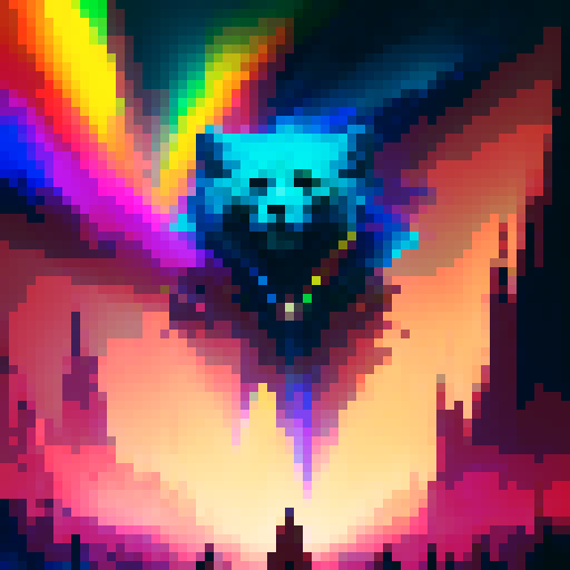 Vibrant, abstract expressionism. 

        Rainbow-colored hands grasp a glittering heart as a towering figure made of neon lights watches over a bustling Pride parade.