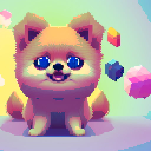 Pomeranian, fluffy, vibrant colors, pixel art, playful expression, lively eyes, tiny paws, animated tail, adorable posture, endearing facial features, intricate pixel details