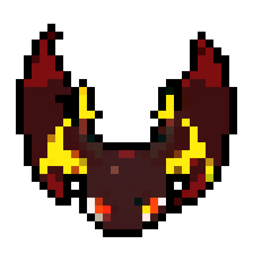 small, demonic creature, tiny horns, bat-like wings, dark red skin, glowing yellow eyes, mischievous grin, long, pointed tail, pixel art, sRGB