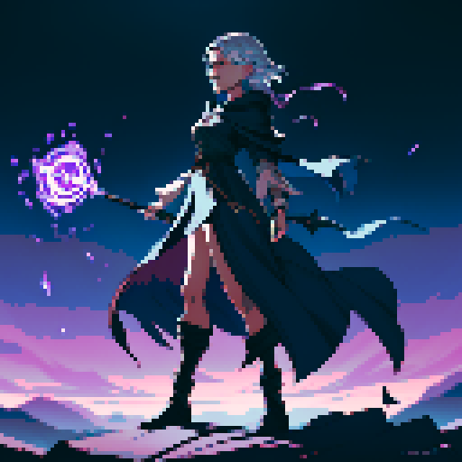 full-body image, sorceress facing right, sorceress ready to fight, evil sorceress, floating, arms out, magic circles, magic power, spell, evil sorceress, evil witch, magic symbols, ultimecia, final fantasy, sRGB, pixel art