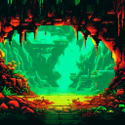 A dark cavern scene with dark stone Stalagmites and Stalactites, glowing red eyes peering from the darkness in the background, and golden treasure and loot scattered across the floor shining