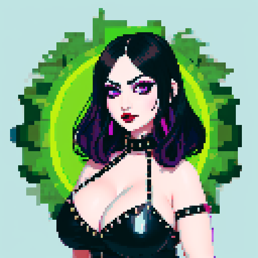 curvy, cute busty goth woman's face, whole head portrait, black hair, purple eyeshadow, red lipstick, low cut black studded leather halter top, studded collar, vibrant sRGB colors, edgy aesthetic.