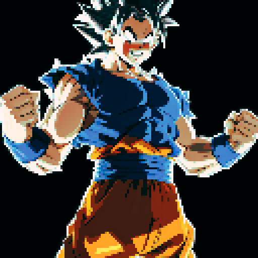 Create a pixel art of Goku, with accurate features: spiky hair, orange and blue suit. It should mimic the anime’s style, resembling classic 8-bit video game art and be highly recognizable. make it as detailed as you can fit within the space try to generate the rest of the body, turn his hair white with shading 