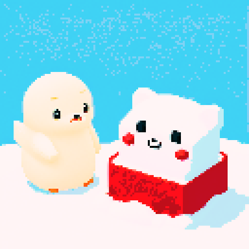 tiny eskimo pixel character, petting pixel seal animal, on iceberg, with tiny cabin nearby, pixel art, sRGB