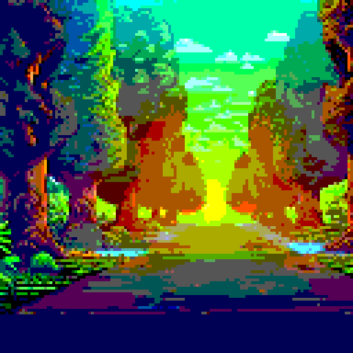 dense giant oak tree forest at dusk, towering trees, dappled sunrays, dirt road, long shadows, first person view looking ahead, wide angle shot