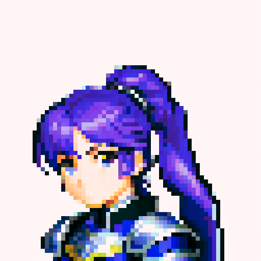 Fire emblem character, intricate armor details, 32x32 pixel art, sRGB, game icon, skill art, close up, portrait, teenage princess, blue ponytail, purple armor, 8 bit, clear outline of character and focused detail in the face