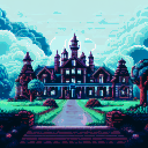Haunted plantation style mansion, looming atop a hill, with a winding cobblestone pathway leading to its entrance, under a black night sky filled with ominous thunderclouds and sporadic bursts of lightning, all depicted in pixel art, creating a haunting background landscape