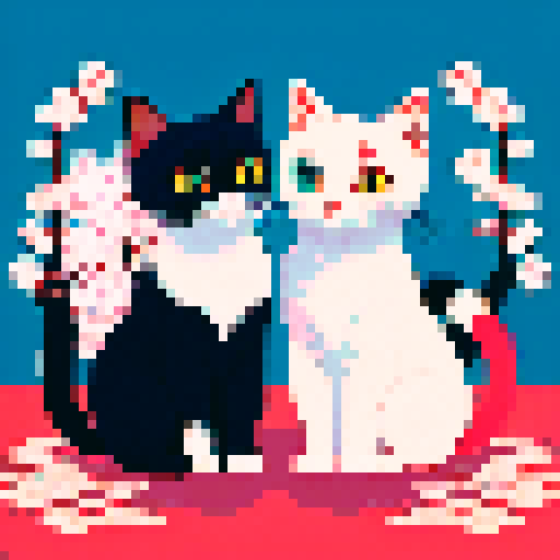 Siamese Japanese cats with pixel art style, vibrant colors, expressive eyes, delicate fur, traditional patterns, cherry blossom backdrop
