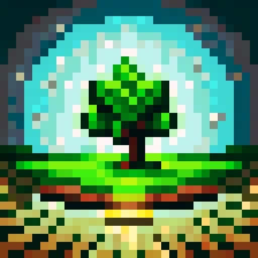 only one big chestnut tree, in the center, green leaves, brown trunk, fantasy top-down RPG with an orthogonal camera, simple pixel art, square plain platform