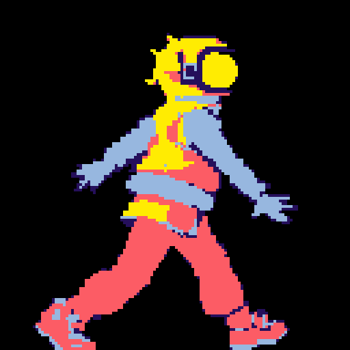 cyberpunk space trader sprite, pixel art, futuristic design, cybernetic arm with intricate detailing, glowing yellow-orange visor over the eyes, trench coat with glowing lines, white, blue and teal color palette with neon pink accent, yellow visor tint, distinct sci-fi aesthetic, confident posture, mid-step left first, left left bent and raised, arms extended, pixel art, sRGB