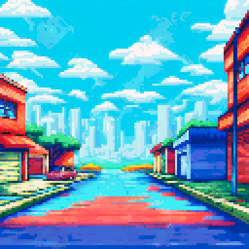 Half-open garage, vibrant colors, sRGB, pixel art, detailed background, 