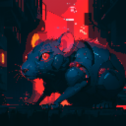 rat cyborg, metallic limbs, glowing red eyes, circuitry embedded in fur, futuristic city backdrop, neon lights, sharp fangs, pixelated aesthetic