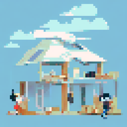 A cartoon of a group of people trying to build a house, but the structure is all crooked and falling apart. One person is holding the blueprints upside down, another is hammering nails into thin air, and another is trying to saw a board with a hammer. In the background, there are piles of wood and tools scattered everywhere. Above the group, write "Our Team at Work!" in big letters.