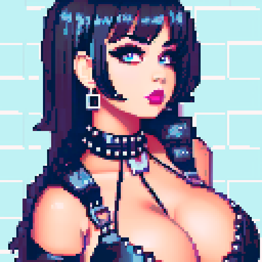 curvy, busty goth babe with studded collar, wearing halter top, in a full face portrait with a glamour shot aesthetic, against a tile backsplash, capturing an edgy pixel art style in sRGB