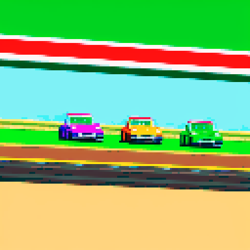 the race track, there are cars, in front of them is a big sign start