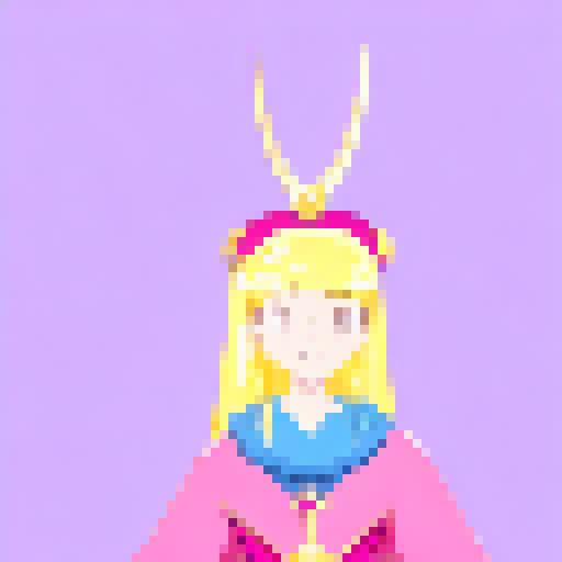 Regal princess with flowing golden hair, adorned in ornate armor, wielding a enchanted sword, standing atop a mountain peak overlooking a sprawling kingdom.