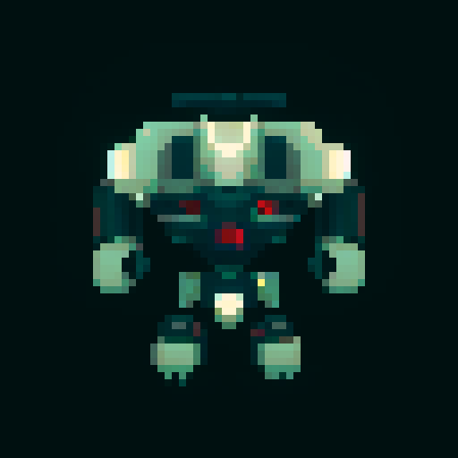humanoid combat drone, sleek and metallic, glowing LED eyes, angular limbs, pixelated retro style