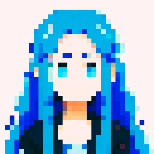 Design a pixel art anime avatar, showcasing the iconic anime style with large expressive eyes, elaborately styled hair, and vibrant colors. The character should be in a classic anime pose, exuding personality and emotion typical of anime characters, like excitement, determination, or serenity. Focus on creating a highly pixelated aesthetic, reminiscent of 16-bit video game graphics, where each pixel is clearly visible and contributes to the overall form and expression of the avatar. 