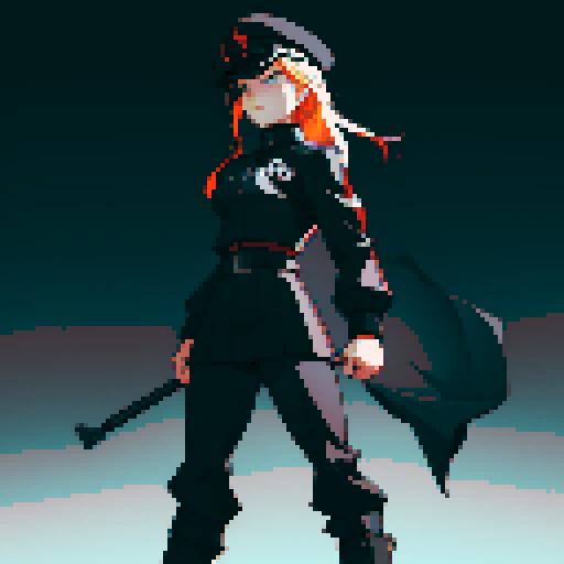 Full-body image, muscular Female nazi general with stern expression, wearing a black uniform adorned with a skull, black hat with a skull, broad shoulders, muscular, standing in a pixel art depiction with sharp lines and vibrant sRGB colors