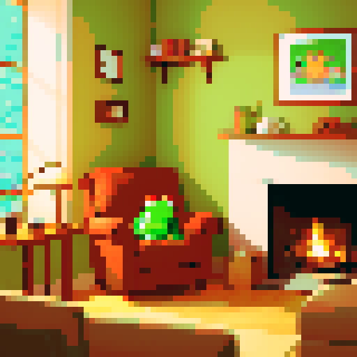 Cozy living room, crackling fireplace, warm glow, comfortable sofa, cute little frog, tiny feet dangling, content expression, small coffee table, steaming cup of coffee, aroma wafting, frog holding coffee, pixel art, cute, masterpiece
