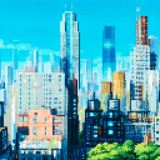 city scraper, tall and sleek, towering above the bustling streets, against a vibrant blue sky, devoid of any clouds, showcasing a pixelated landscape, with a meticulously detailed background in sRGB color space