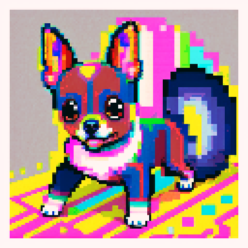 chihuahua, pixel art, sRGB, tiny, vibrant, playful, expressive, big eyes, floppy ears, wagging tail, textured fur, small paws, bold outlines, low resolution, retro, digital, 8-bit, limited color palette