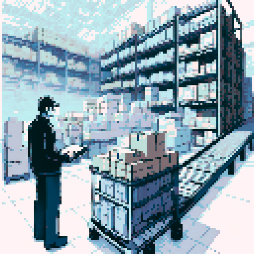 Bustling warehouse scene, central figure diligently working at a workstation. Left: overflowing trolley with assorted boxes, unique labels and markings hinting at global journey of goods Right: conveyor belt humming with activity, methodically transporting boxes Pixel art, sRGB style