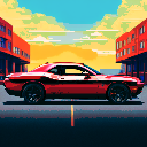 Photorealistic, centered Dodge Challenger in a three quarter view, right wheel in front, clean background, pixel art style with sRGB colors

