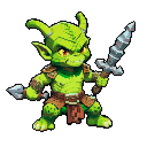 A battle-hardened goblin with scars, gladiator-style armor, and dual weapons. It has a determined expression and a stance ready for combat, showcasing its skills in the arena. No background.
