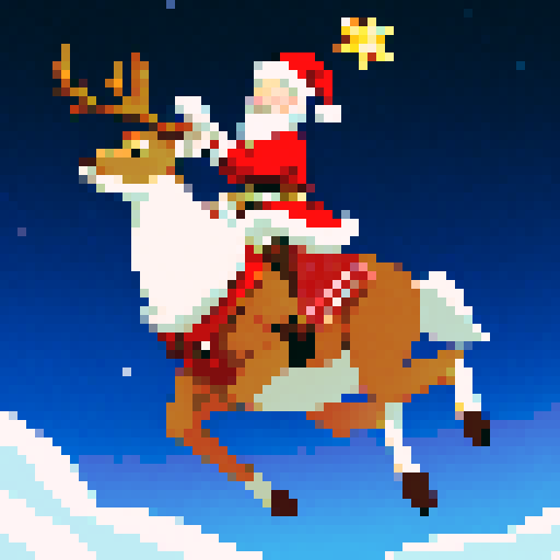 Santa claus riding the deer. He rides the deer in the sky and there are magic lights in the sky.