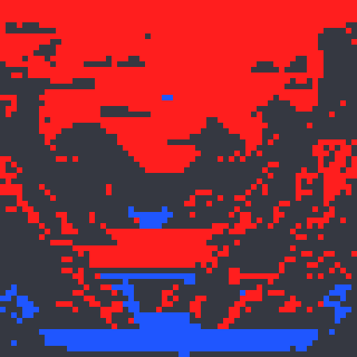 One bit style background of the deep sea, dark tone with red and blue neon lights