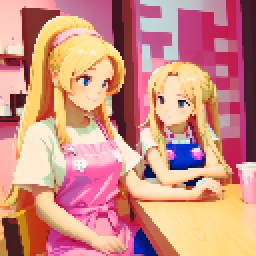 A nail tech with long blonde hair wearing a pink apron and a girl with brown hair facing each other at a table in a nail salon.