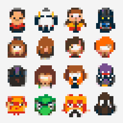 a grid of 9 star wars characters faces: darth vader, stormtrooper, darth maul, chewbacca, yoda, luke, c3po, r2d2, princess leia