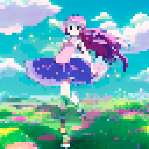 Pink-haired anime girl wearing a flowy sundress twirling around a sun-drenched living room filled with plants and colorful decor, surrounded by floating musical notes and glittering stars