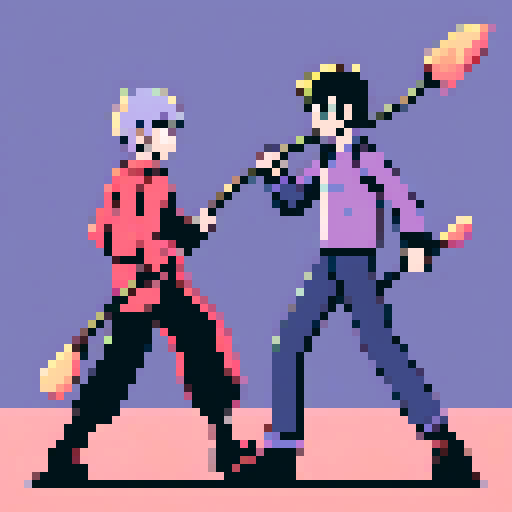 Two characters fighting each other with a broom stick