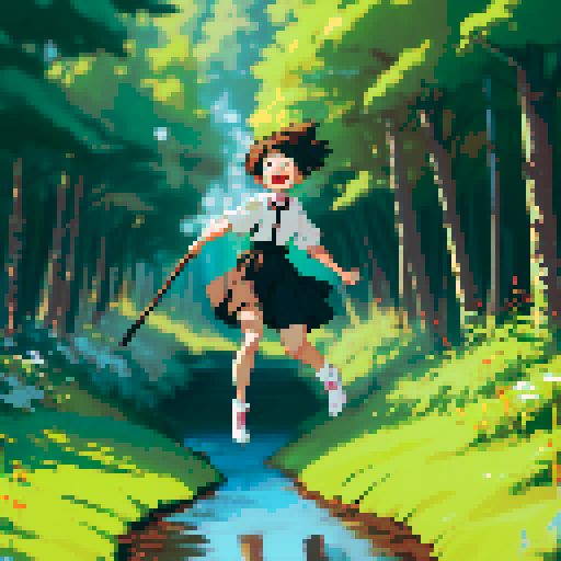 Create an image of a whimsical cartoon bear chibi character. The character is small, with a simple brown body and round black eyes. It is joyfully jumping over a puddle in a muddy forest path, using a makeshift stick as a pogo stick. The background should depict vibrant green trees and shrubs, capturing a playful and adventurous scene.