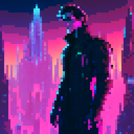 dystopian, cyberpunk, neon-lit, with a touch of retro-futurism, featuring Paul Atreides surrounded by towering holographic skyscrapers, cascading waterfalls of data, and glowing circuitry embedded in his cybernetic arm