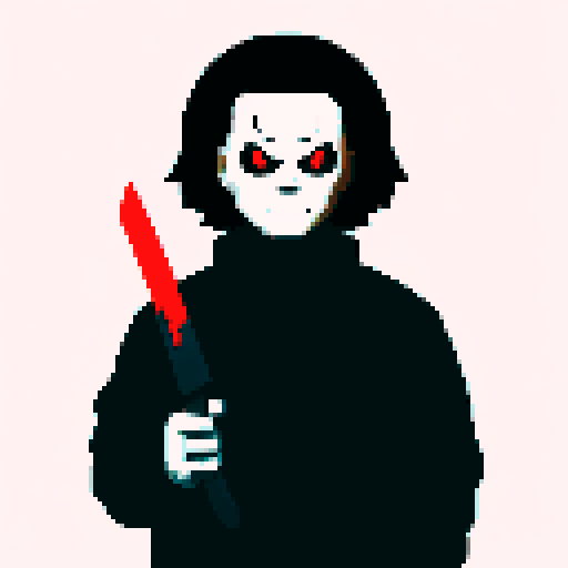Michael Myers, dark silhouette, looming presence, blood-red eyes, pixelated horror, sRGB color palette, chilling atmosphere, knife-wielding figure
