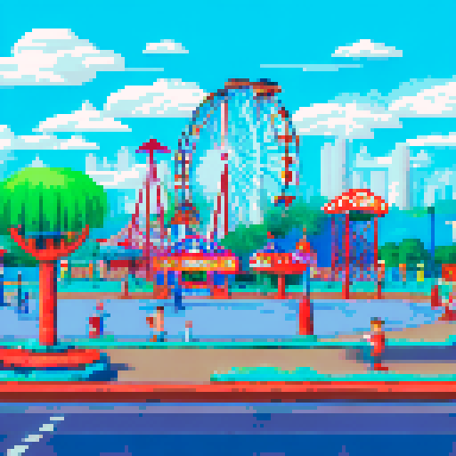 wide shot amusement park, whimsical carousel, towering roller coaster, ferris wheel in motion, pixel art style