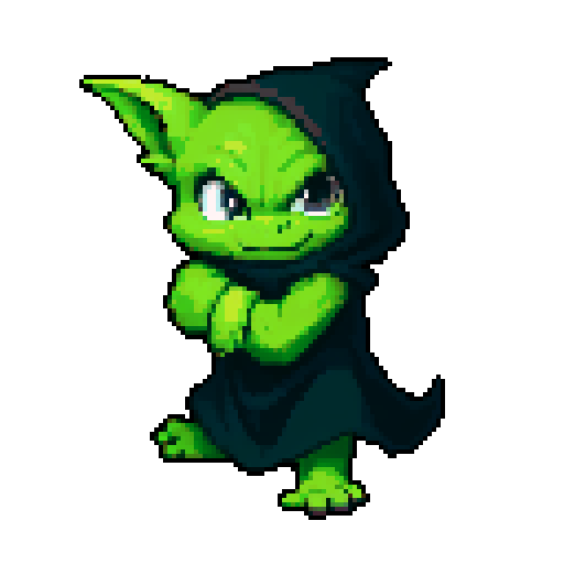 An elusive and enigmatic goblin with dark clothes, a hood, and an aura of mystery. It has piercing eyes and a calm demeanor, moving silently through the shadows. No background.
