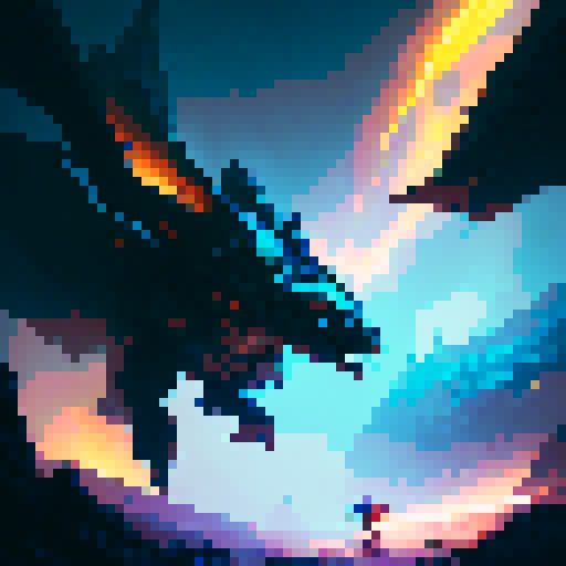 stylized, vibrant, and action-packed.

        Fiery dragon warrior charging towards a looming shadow, with a backdrop of swirling clouds and crackling lightning.