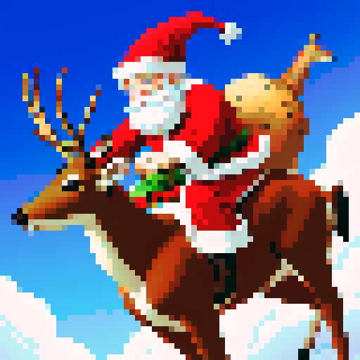 Santa claus riding the deer. He rides the deer in the sky and there are magic lights in the sky.